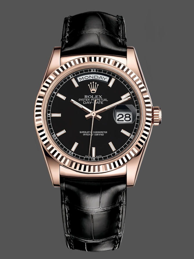 Replica Rolex Day Date 36 Everose Gold Black Dial 118135 0063 Leather Watch