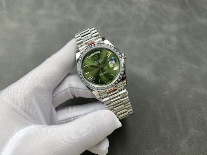 Replica Rolex Day Date 40 Platinum Olive Green Dial Diamond Bezel M228396TBR 0020 Watch