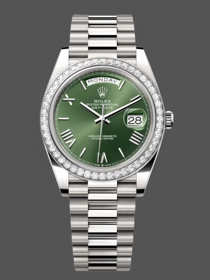 Replica Rolex Day-Date 228349RBR Green Roman Dial Diamond Bezel 40mm Mens Watch