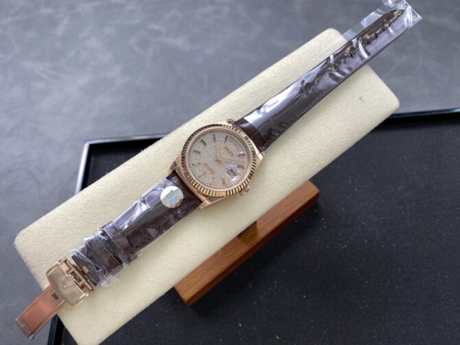 Replica Rolex Day Date 36 Diamond Paved Dial Fluted Bezel 18K Everose gold 128235 0039 President Watch