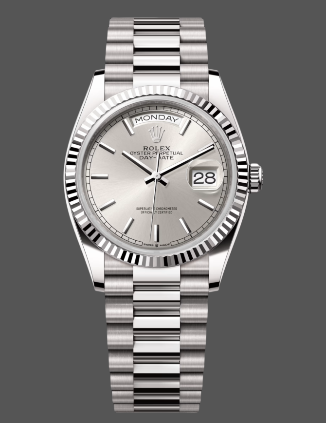 Replica Rolex Day-Date 128239 0005 White Gold Silver Index Dial 36MM Unisex Watch