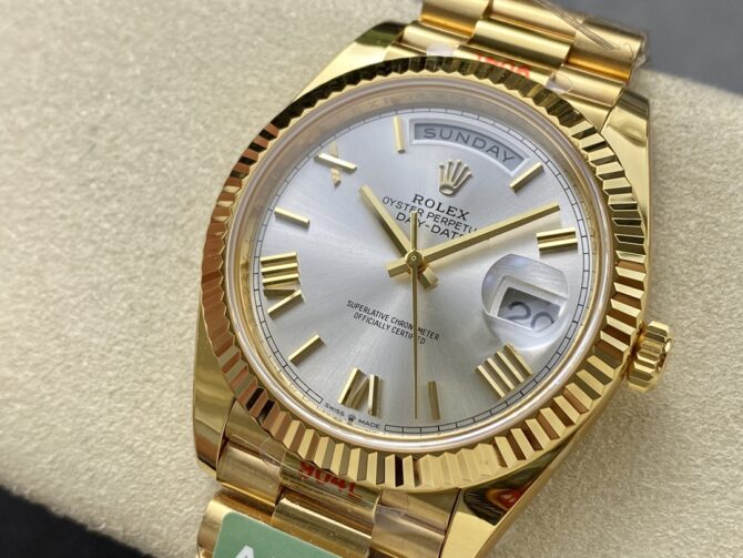 Replica Rolex Day-Date 228238 Black Diamond Dial Fluted Bezel 40mm Mens Watch