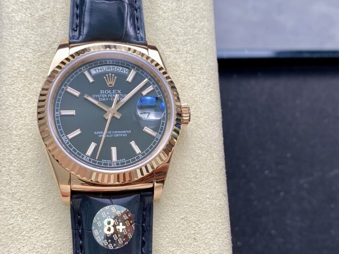 Replica Rolex Day Date 36 Everose Gold Black Dial 118135 0063 Leather Watch