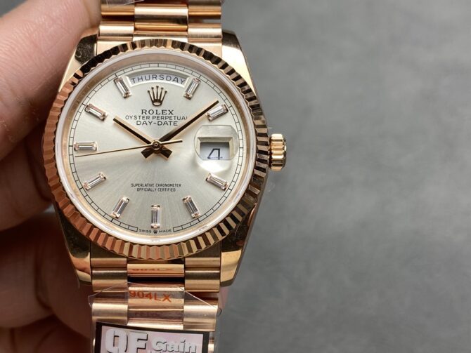 Replica Rolex Day-Date 228235 Sundust Index Dial Fluted Bezel 40mm Mens Watch