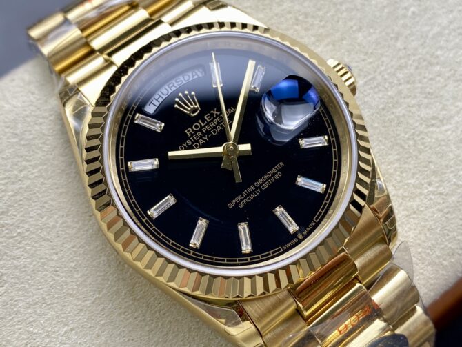 Replica Rolex Day-Date 228238 Black Diamond Dial Fluted Bezel 40mm Mens Watch