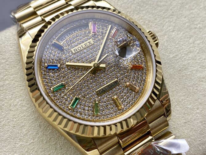 Replica Rolex Day Date 36mm Yellow Gold 128238 0051 Pave Rainbow Diamond Dial Fluted Bezel