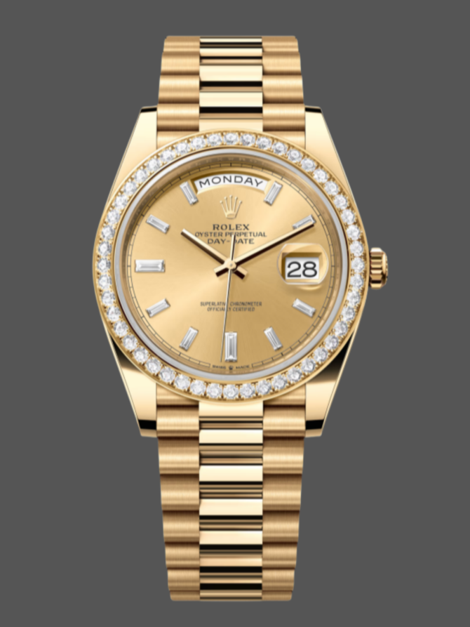 Replica Rolex Day-Date 228398TBR Silver Diagonal Motif Dial Diamond Bezel 40mm Mens Watch