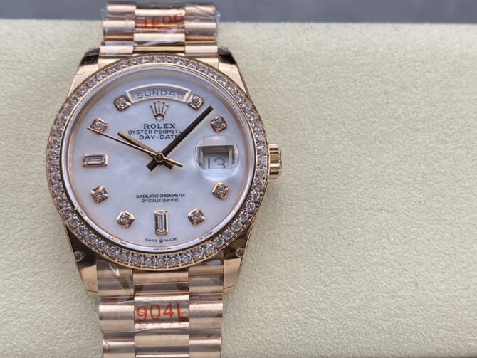 Replica Rolex Day-Date 36MM 128345RBR 0028 Mother of Pearl White Dial Everose Gold Unisex Watch