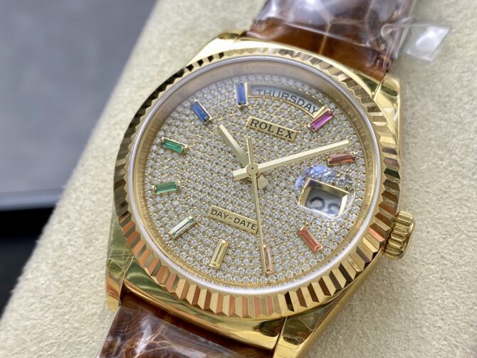 Replica Rolex Day Date 36mm Yellow Gold 128238 0051 Pave Rainbow Diamond Dial Fluted Bezel
