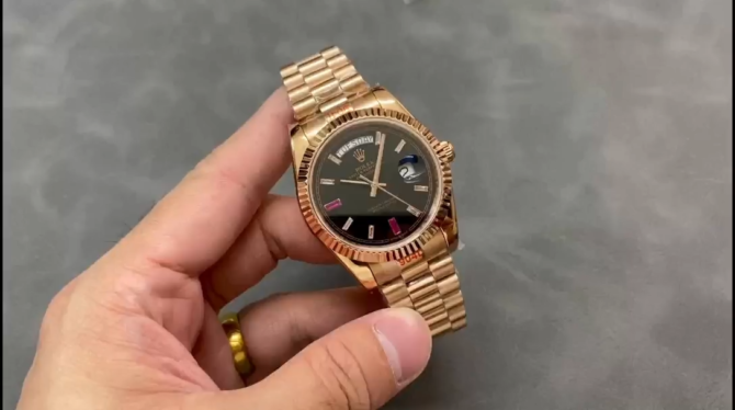 Replica Rolex Day-Date 218235 Diamonds and Rubies Black Dial Rose Gold 41MM Mens Watch