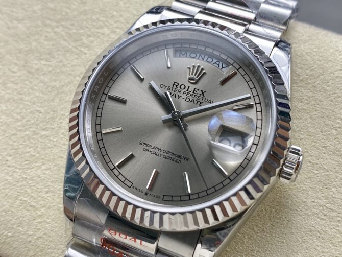 Replica Rolex Day-Date 128239 0005 White Gold Silver Index Dial 36MM Unisex Watch