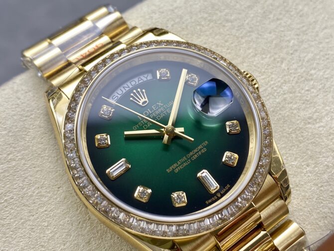 Replica Rolex Day-Date 128348RBR Green Ombre Diamond Dial Yellow Gold 36MM Unisex Watch