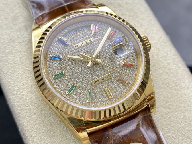 Replica Rolex Day Date 36mm Yellow Gold 128238 0051 Pave Rainbow Diamond Dial Fluted Bezel