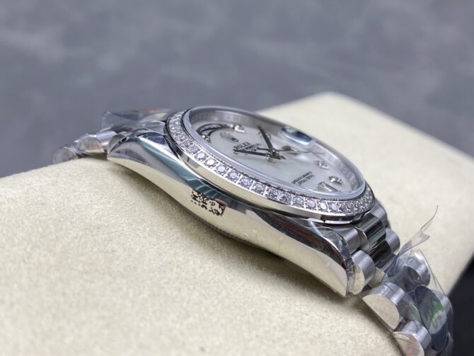Replica Rolex Day Date 36 Mother of Pearl Dial Diamond Bezel Platinum President m128396tbr 0005
