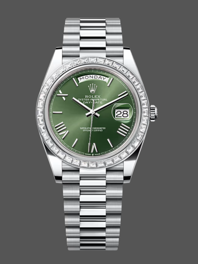 Replica Rolex Day Date 40 Platinum Olive Green Dial Diamond Bezel M228396TBR 0020 Watch