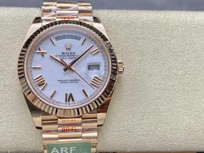 Replica Rolex Day-Date 228235 White Roman Numeral Dial Fluted Bezel 40mm Mens Watch