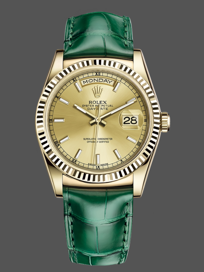 Replica Rolex Day Date 36 Yellow Gold Champagne Dial 118138 0125 Green Strap