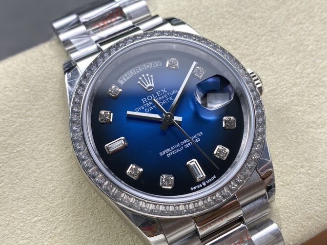 Replica Rolex Day-Date 128349RBR 0010 Blue Ombre Dial Diamond Bezel 36MM Unisex Watch