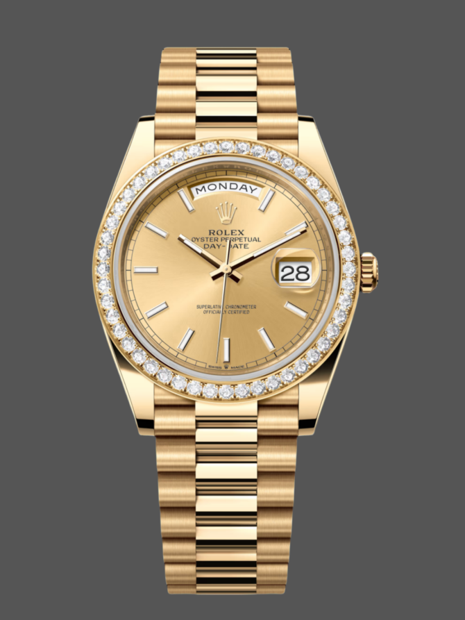 Replica Rolex Day-Date 228348RBR Black Diagonal Motif Dial Diamond Bezel 40mm Mens Watch