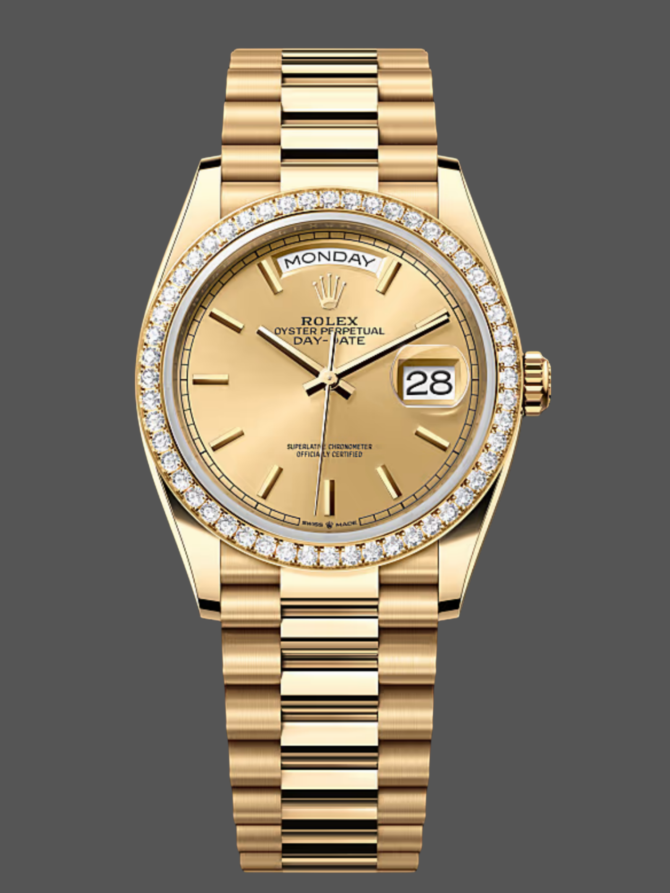 Replica Rolex Day Date 36 Yellow Gold Champagne Dial Diamond Bezel m128348rbr 0026