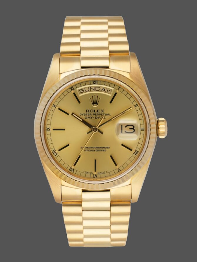 Replica Rolex Day-Date 118208 champagne dial with gold indexes Yellow Gold 36mm Unisex Watch