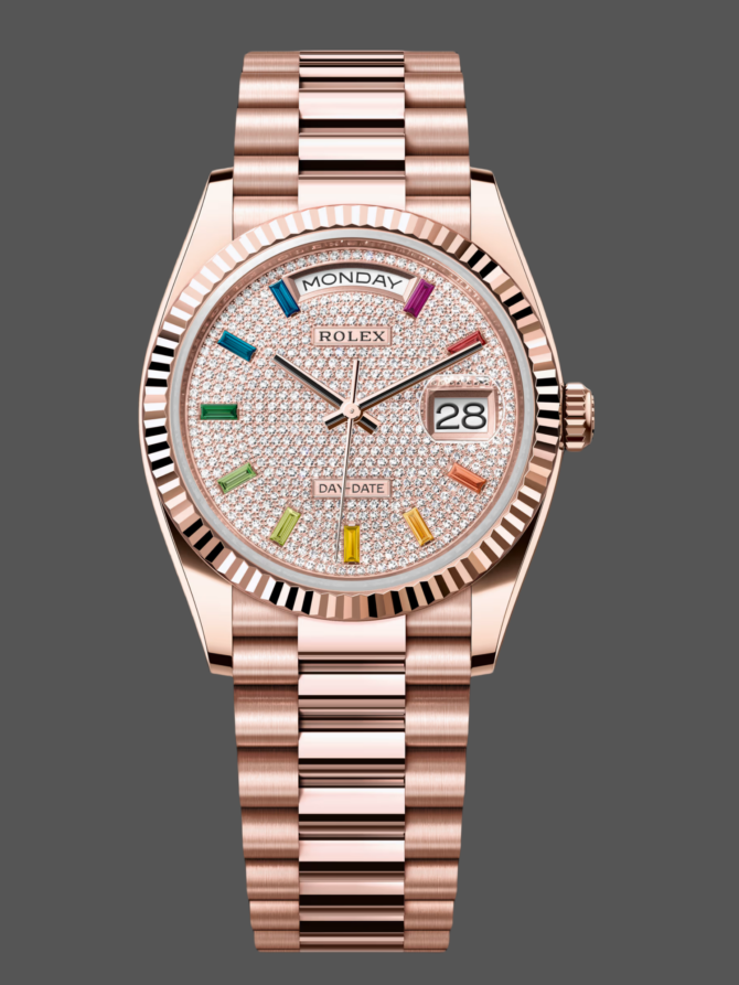 Replica Rolex Day Date 36 Diamond Paved Dial Fluted Bezel 18K Everose gold 128235 0039 President Watch