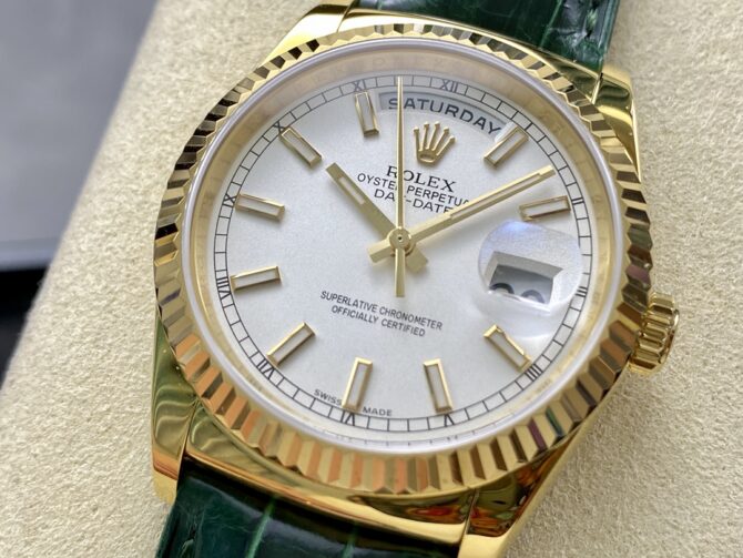 Replica Rolex Day Date 36 White Dial 118135 0123 Green Leather Watch