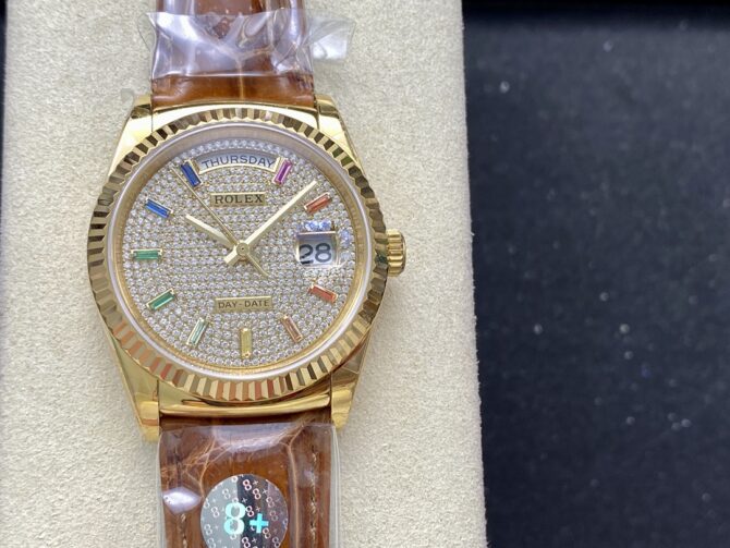 Replica Rolex Day Date 36mm Yellow Gold 128238 0051 Pave Rainbow Diamond Dial Fluted Bezel