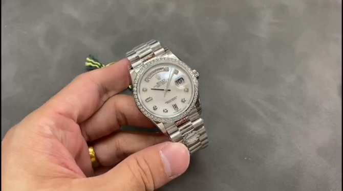 Replica Rolex Day-Date 128349RBR White Mother of Pearl Dial Diamond Bezel 36MM Lady Watch