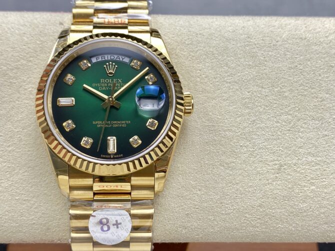Replica Rolex Day-Date 128238 Fluted Bezel Green Diamond Dial 36MM Unisex Watch