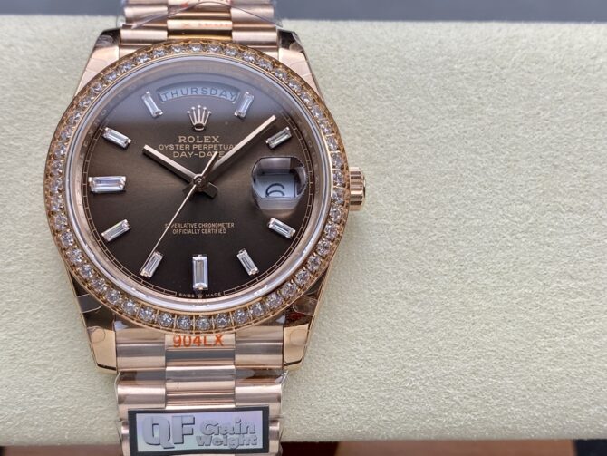 Replica Rolex Day-Date 228345RBR Chocolate Brown Diamond Dial Diamond Bezel 40mm Mens Watch