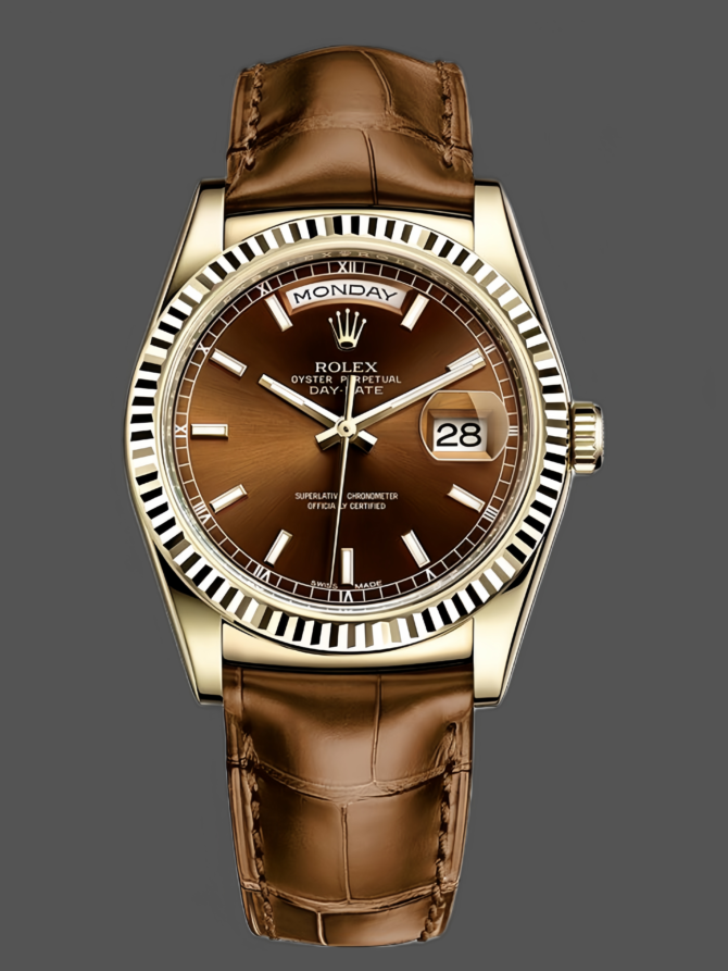 Replica Rolex Day Date 36 Yellow Gold Chocolate Dial 118138 0005 Leather Watch