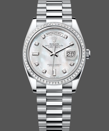 Replica Rolex Day Date 36 Mother of Pearl Dial Diamond Bezel Platinum President m128396tbr 0005