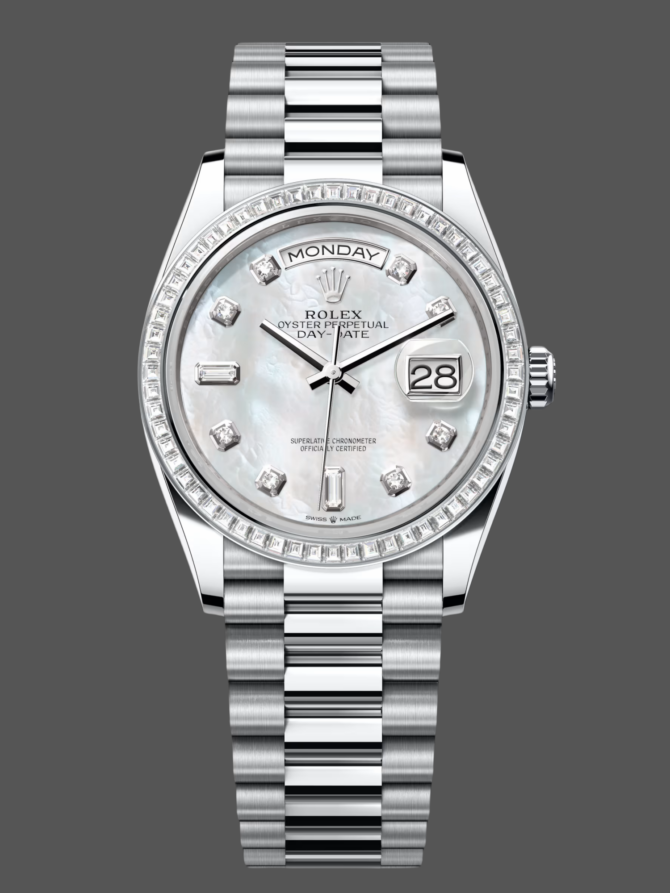 Replica Rolex Day Date 36 Mother of Pearl Dial Diamond Bezel Platinum President m128396tbr 0005