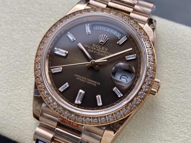 Replica Rolex Day-Date 228345RBR Chocolate Brown Diamond Dial Diamond Bezel 40mm Mens Watch