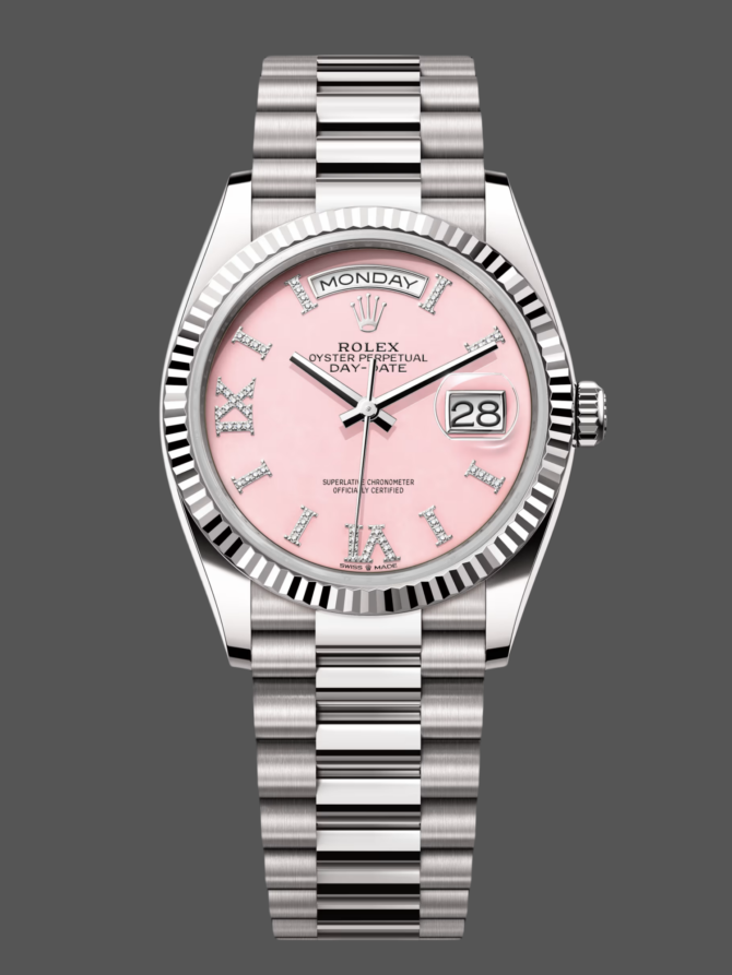 Replica Rolex Day-Date 128239 White Gold Pink Opal Dial 36MM Unisex Watch