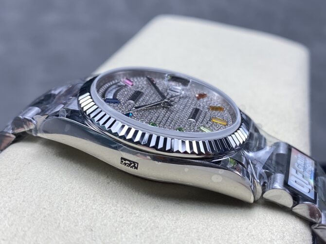 Replica Rolex Day Date 36mm White Gold 128239 0016 Pave Rainbow Diamond Dial