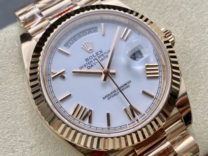 Replica Rolex Day-Date 228235 White Roman Numeral Dial Fluted Bezel 40mm Mens Watch