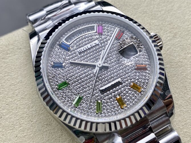 Replica Rolex Day Date 36mm White Gold 128239 0016 Pave Rainbow Diamond Dial