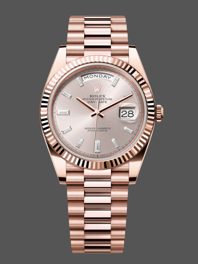 Replica Rolex Day-Date 228235 Sundust Index Dial Fluted Bezel 40mm Mens Watch