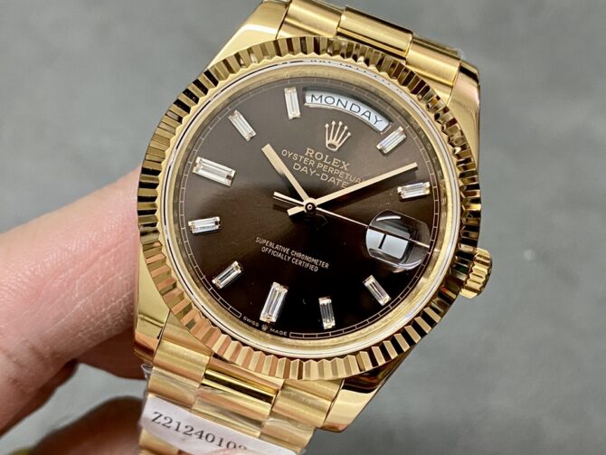 Replica Rolex Day-Date 228238 Black Diamond Dial Fluted Bezel 40mm Mens Watch