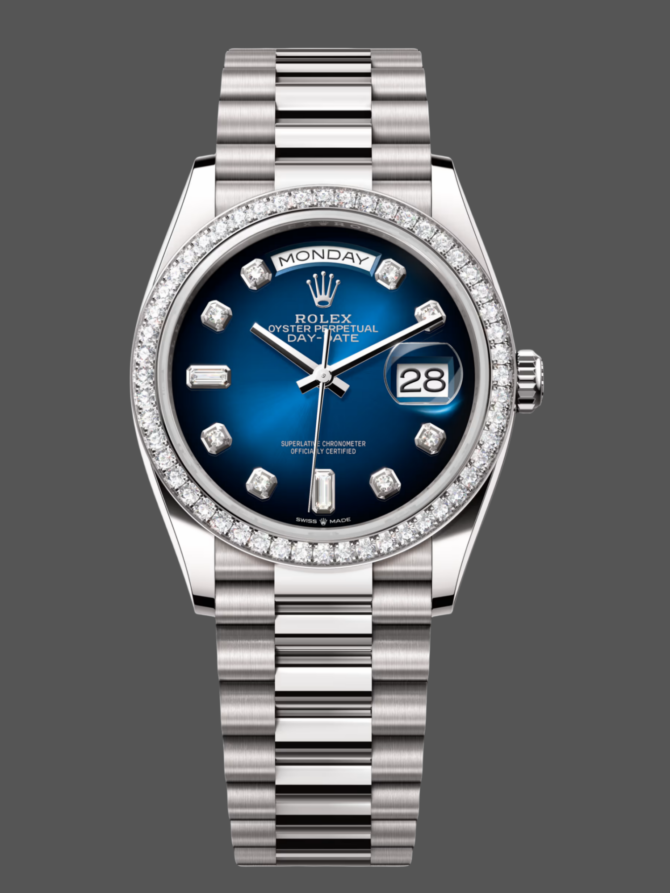 Replica Rolex Day-Date 128349RBR 0010 Blue Ombre Dial Diamond Bezel 36MM Unisex Watch