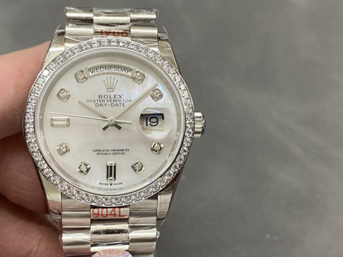 Replica Rolex Day-Date 128349RBR White Mother of Pearl Dial Diamond Bezel 36MM Lady Watch