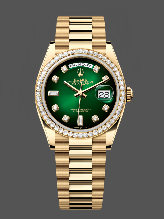 Replica Rolex Day-Date 128348RBR Green Ombre Diamond Dial Yellow Gold 36MM Unisex Watch