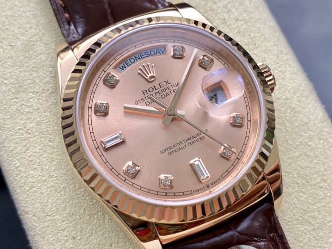 Replica Rolex Day Date 36 Yellow Gold Case 118135 0101 Brown Leather Watch