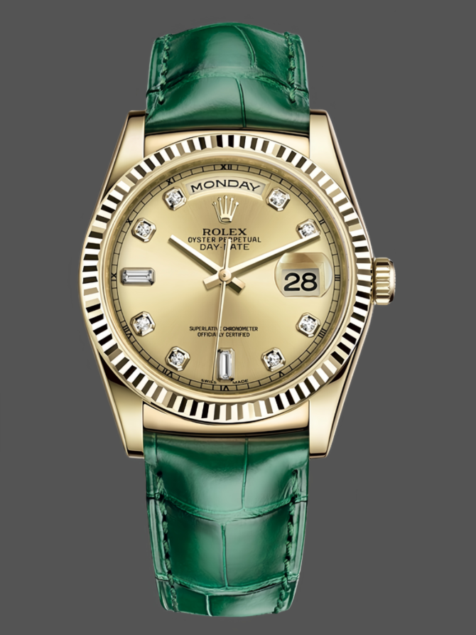 Replica Rolex Day Date 36 Yellow Gold Champagne Dial 118138 0148 Green Leather Strap
