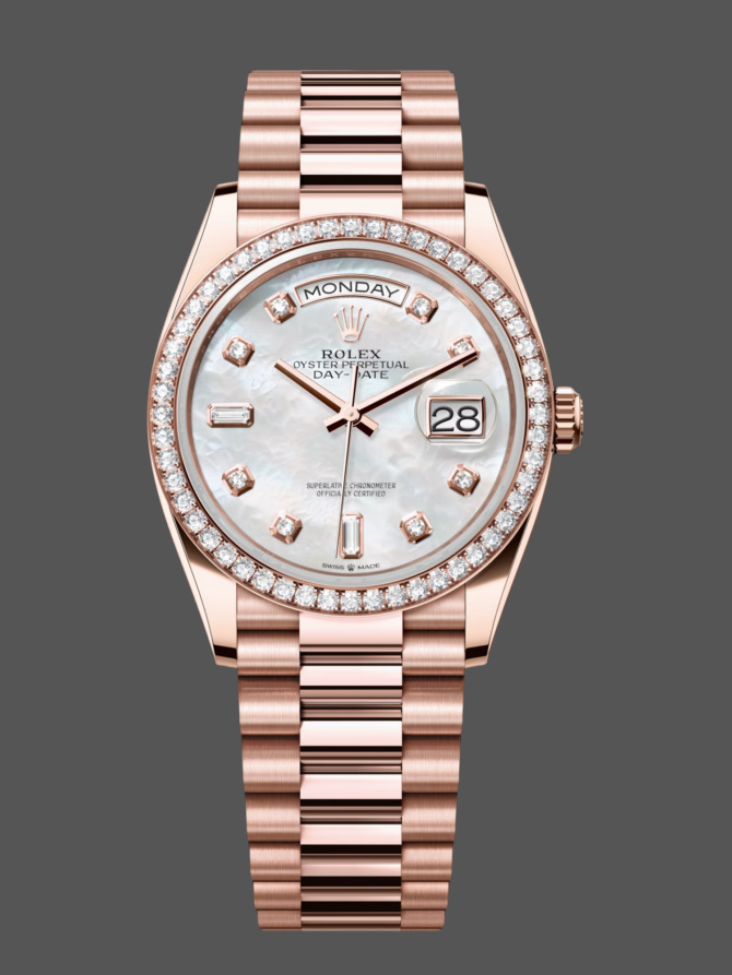 Replica Rolex Day-Date 36MM 128345RBR 0028 Mother of Pearl White Dial Everose Gold Unisex Watch
