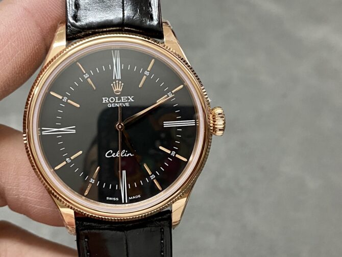 Rolex Cellini Time 50505 Black Leather Strap Black Dial 39mm Mens Replica Watch